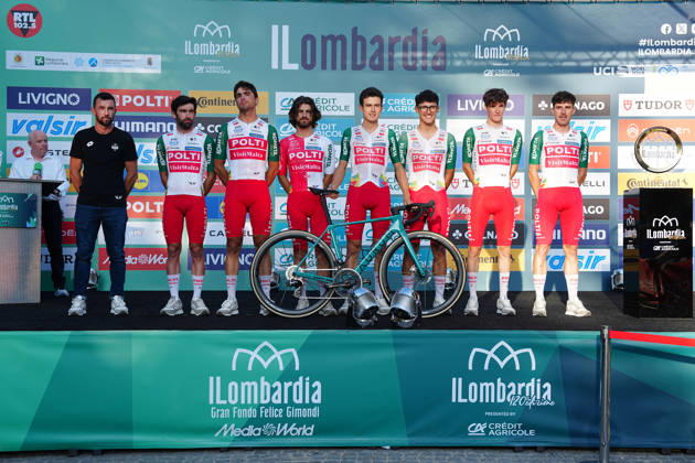Team Polti VisitMalta during the team presentation on the eve of the 120th edition of Il Lombardia cycling race, in Bergamo on October 9, 2026, prior to the 239 km one-day race from Bergamo to Como, Italy. Copyright: xGianxMattiaxD Alberto LaPressex