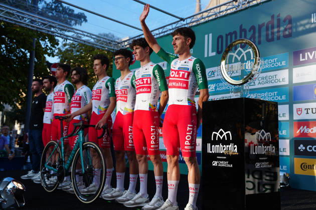 Team Polti VisitMalta during the team presentation on the eve of the 120th edition of Il Lombardia cycling race, in Bergamo on October 9, 2026, prior to the 239 km one-day race from Bergamo to Como, Italy. Copyright: xGianxMattiaxD Alberto LaPressex