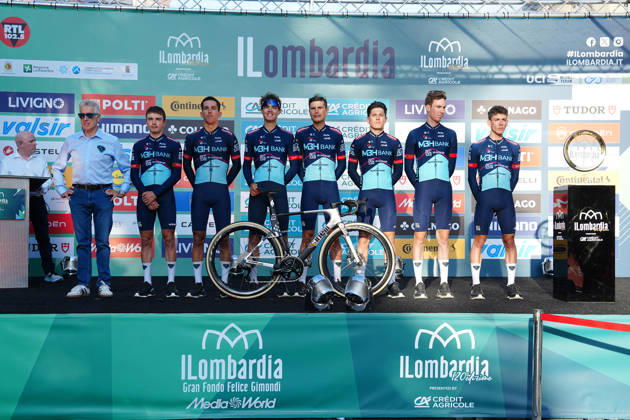 MBH Bank CSB Telecom Fort during the team presentation on the eve of the 120th edition of Il Lombardia cycling race, in Bergamo on October 9, 2026, prior to the 239 km one-day race from Bergamo to Como, Italy. Copyright: xGianxMattiaxD Alberto LaPressex
