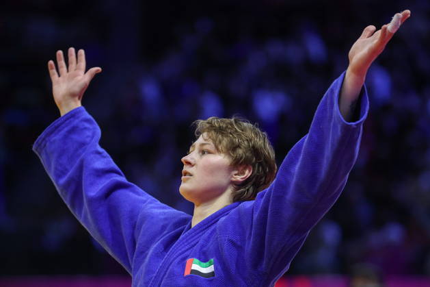 AZERBAIJAN, BAKU - OCTOBER 9, 2026: Yelizaveta Litvinenko of the UAE celebrates her victory in a -78 kg bout against Kaila Issoufi of France as part of the 2026 World Judo Championships at the National Gymnastics Arena. Mikhail Sinitsyn TASS  98995355
