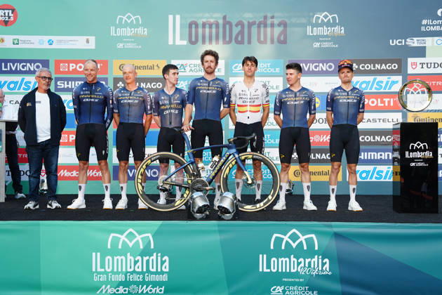 Pinarello-Q36.5 Pro Cycling Team during the team presentation on the eve of the 120th edition of Il Lombardia cycling race, in Bergamo on October 9, 2026, prior to the 239 km one-day race from Bergamo to Como, Italy. Copyright: xGianxMattiaxD Alberto LaPressex