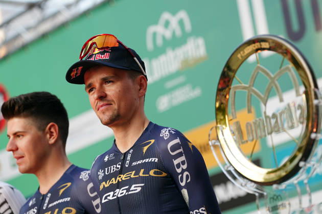 Pinarello-Q36.5 Pro Cycling Team during the team presentation on the eve of the 120th edition of Il Lombardia cycling race, in Bergamo on October 9, 2026, prior to the 239 km one-day race from Bergamo to Como, Italy. Copyright: xGianxMattiaxD Alberto LaPressex