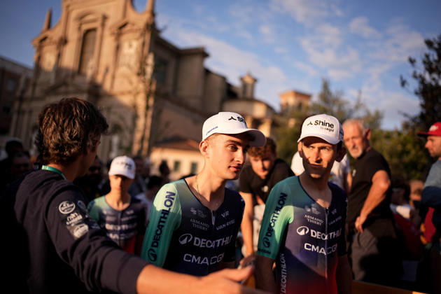 France s Paul Seixas of Decathlon CMA CGM Team during the team presentation on the eve of the 120th edition of Il Lombardia cycling race, in Bergamo on October 9, 2026, prior to the 239 km one-day race from Bergamo to Como, Italy. Copyright: xMarcoxAlpozzi LaPressex