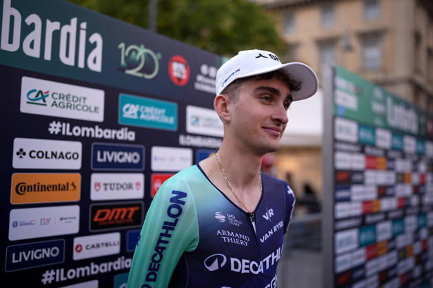 France s Paul Seixas of Decathlon CMA CGM Team during the team presentation on the eve of the 120th edition of Il Lombardia cycling race, in Bergamo on October 9, 2026, prior to the 239 km one-day race from Bergamo to Como, Italy.  Copyright: xMarcoxAlpozzi LaPressex