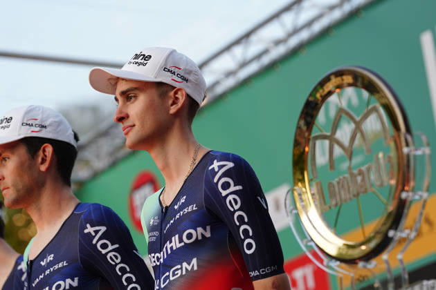 France s Paul Seixas of Decathlon CMA CGM Team during the team presentation on the eve of the 120th edition of Il Lombardia cycling race, in Bergamo on October 9, 2026, prior to the 239 km one-day race from Bergamo to Como, Italy.  Copyright: xGianxMattiaxD Alberto LaPressex
