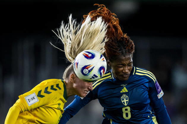 October 9, 2026: Milda Liužinaite of Lithuania and Evelyn Ijeh of Sweden during the FIFA Women’s World Cup qualifying playoff soccer match between Lithuania and Sweden on October 9, 2026 in Kaunas. Photo by Mathias Bergeld. BILDBYRAN code MB MB1418 soccer football vm qual qual fifa womens world cup qualifier qualifier playoff lithuania sweden women s bbeng play off  Copyright: MATHIASxBERGELD BB261009MB063