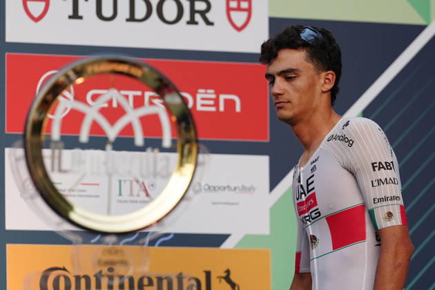 Mexico s Isaac Del Toro Romero of UAE Team Emirates XRG during the team presentation on the eve of the 120th edition of Il Lombardia cycling race, in Bergamo on October 9, 2026, prior to the 239 km one-day race from Bergamo to Como, Italy.  Copyright: xGianxMattiaxD Alberto LaPressex