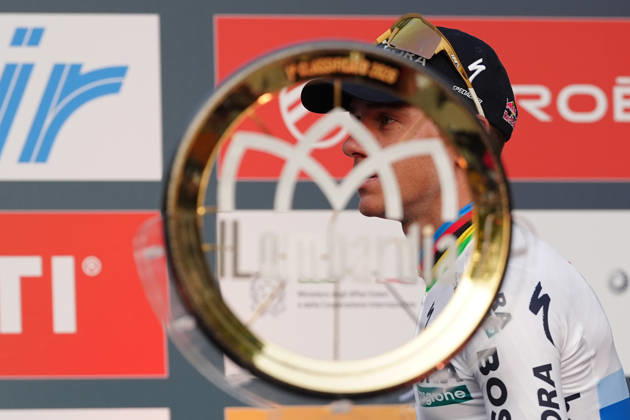 Belgium s Remco Evenepoel of Red Bull - Bora - Hansgrohe during the team presentation on the eve of the 120th edition of Il Lombardia cycling race, in Bergamo on October 9, 2026, prior to the 239 km one-day race from Bergamo to Como, Italy. Copyright: xGianxMattiaxD Alberto LaPressex
