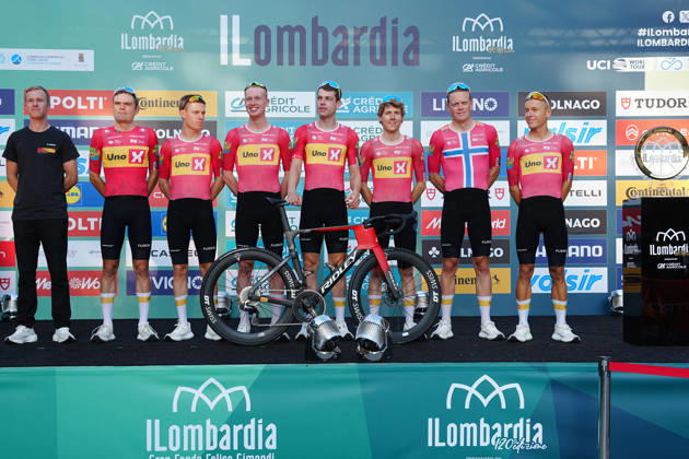 Uno-X Mobility team during the team presentation on the eve of the 120th edition of Il Lombardia cycling race, in Bergamo on October 9, 2026, prior to the 239 km one-day race from Bergamo to Como, Italy. Copyright: xGianxMattiaxD Alberto LaPressex
