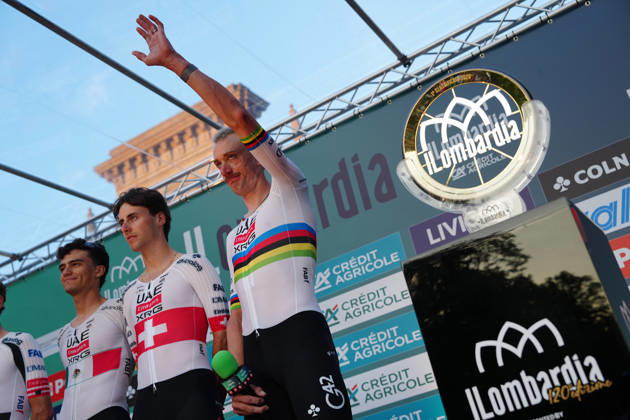 USA s Brandon McNulty of UAE Team Emirates XRG during the team presentation on the eve of the 120th edition of Il Lombardia cycling race, in Bergamo on October 9, 2026, prior to the 239 km one-day race from Bergamo to Como, Italy.  Copyright: xGianxMattiaxD Alberto LaPressex