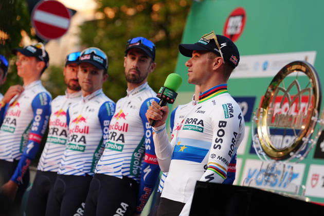 Red Bull - Bora - Hansgrohe during the team presentation on the eve of the 120th edition of Il Lombardia cycling race, in Bergamo on October 9, 2026, prior to the 239 km one-day race from Bergamo to Como, Italy.  Copyright: xGianxMattiaxD Alberto LaPressex