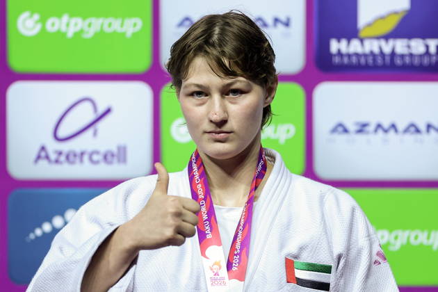 AZERBAIJAN, BAKU - OCTOBER 9, 2026: Yelizaveta Litvinenko of the UAE celebrates her gold medal during an award ceremony for the women s -78 kg category as part of the 2026 World Judo Championships at the National Gymnastics Arena 2026 World Judo Championships In Baku  - ZUMAt113 20261009_zaa_t113_783 Copyright: xMikhailxSinitsynx