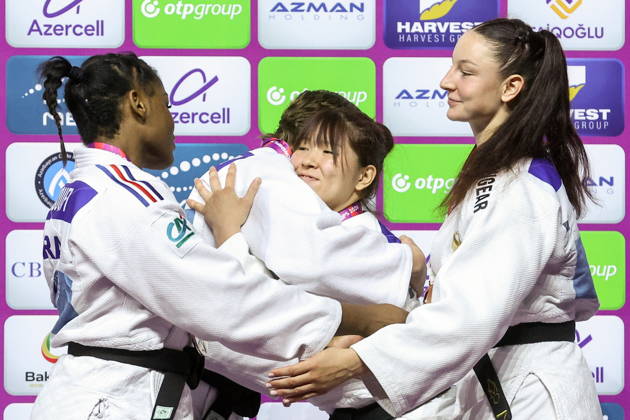 AZERBAIJAN, BAKU - OCTOBER 9, 2026: 2nd placed Kaila Issoufi of France, 1st placed Yelizaveta Litvinenko of the UAE, 3rd placed Kurena Ikeda of Japan and Anna Monta Olek (L-R) of Germany are pictured during an award ceremony for the women s -78 kg category as part of the 2026 World Judo Championships at the National Gymnastics Arena 2026 World Judo Championships In Baku - ZUMAt113 20261009_zaa_t113_785 Copyright: xMikhailxSinitsynx