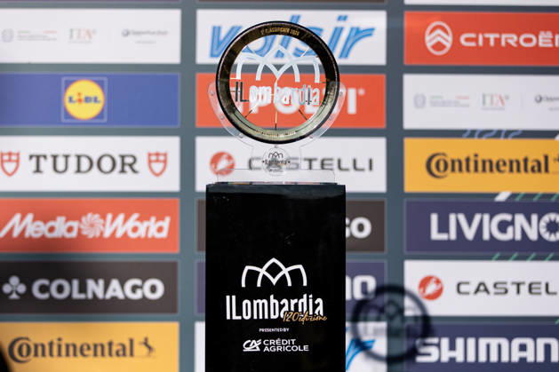 120th ILombardia Team Presentation The trophy is shown at the 120th ILombardia team presentation in Bergamo, Italy, on October 9, 2026. Bergamo Italy Copyright: xTommasoxBerardix originalFilename:berardi-120thilo261009_np0NR