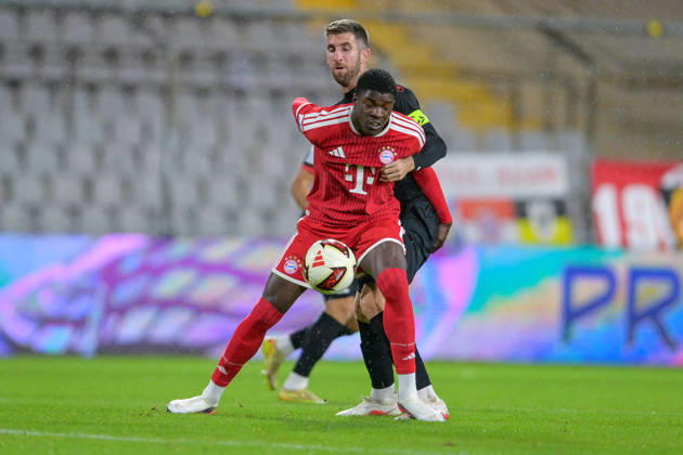 From left: Bastian Friedrich Assomo, Bayern Munich, FCB, 9 Alexander Winkler, Unterhaching, 4 in a one-on-one, duel, tackle, dynamic, action, 09 10 2026, Munich, Germany, soccer, Bavarian Regional League, FC Bayern Munich II vs. SpVgg Unterhaching xslx