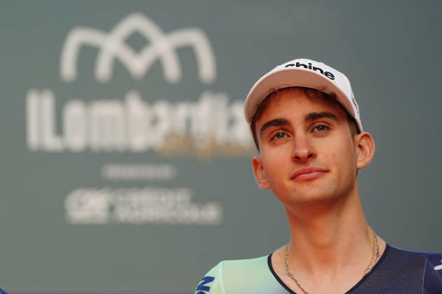 France s Paul Seixas of Decathlon CMA CGM Team during the team presentation on the eve of the 120th edition of Il Lombardia cycling race, in Bergamo on October 9, 2026, prior to the 239 km one-day race from Bergamo to Como, Italy.  Copyright: xGianxMattiaxD Alberto LaPressex