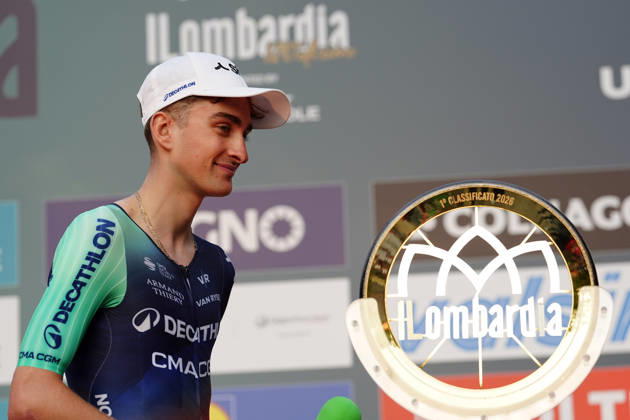 France s Paul Seixas of Decathlon CMA CGM Team during the team presentation on the eve of the 120th edition of Il Lombardia cycling race, in Bergamo on October 9, 2026, prior to the 239 km one-day race from Bergamo to Como, Italy.  Copyright: xGianxMattiaxD Alberto LaPressex