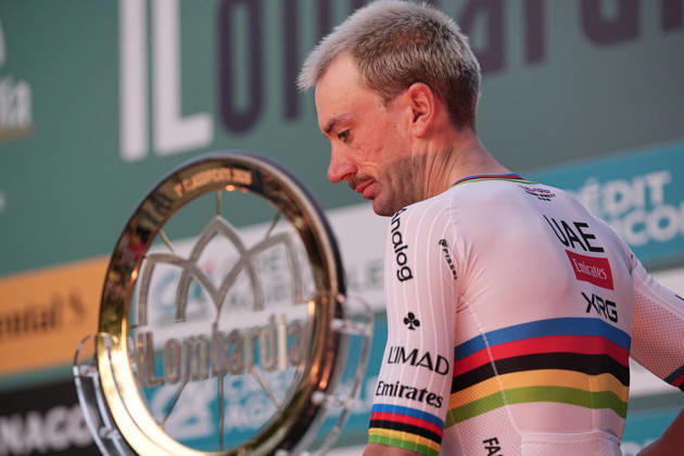 USA s Brandon McNulty of UAE Team Emirates XRG during the team presentation on the eve of the 120th edition of Il Lombardia cycling race, in Bergamo on October 9, 2026, prior to the 239 km one-day race from Bergamo to Como, Italy.  Copyright: xMarcoxAlpozzi LaPressex