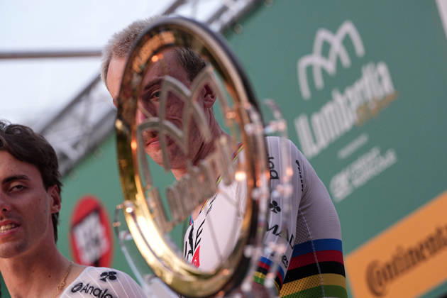 USA s Brandon McNulty of UAE Team Emirates XRG during the team presentation on the eve of the 120th edition of Il Lombardia cycling race, in Bergamo on October 9, 2026, prior to the 239 km one-day race from Bergamo to Como, Italy.  Copyright: xMarcoxAlpozzi LaPressex