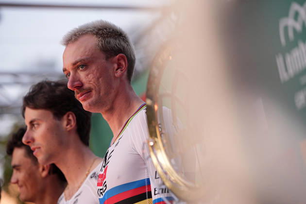 USA s Brandon McNulty of UAE Team Emirates XRG during the team presentation on the eve of the 120th edition of Il Lombardia cycling race, in Bergamo on October 9, 2026, prior to the 239 km one-day race from Bergamo to Como, Italy.  Copyright: xMarcoxAlpozzi LaPressex