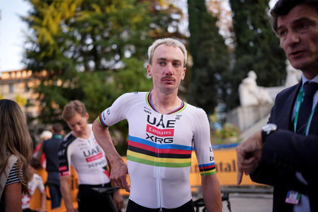 USA s Brandon McNulty of UAE Team Emirates XRG during the team presentation on the eve of the 120th edition of Il Lombardia cycling race, in Bergamo on October 9, 2026, prior to the 239 km one-day race from Bergamo to Como, Italy.  Copyright: xMarcoxAlpozzi LaPressex