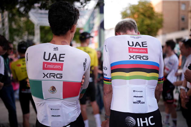 USA s Brandon McNulty of UAE Team Emirates XRG and Mexico s Isaac Del Toro Romero of UAE Team Emirates XRG during the team presentation on the eve of the 120th edition of Il Lombardia cycling race, in Bergamo on October 9, 2026, prior to the 239 km one-day race from Bergamo to Como, Italy.  Copyright: xMarcoxAlpozzi LaPressex