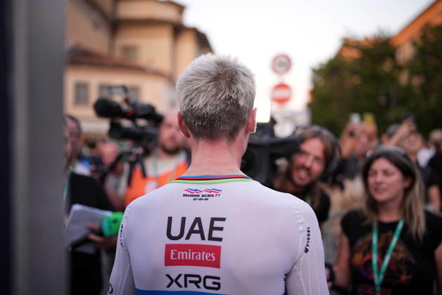 USA s Brandon McNulty of UAE Team Emirates XRG during the team presentation on the eve of the 120th edition of Il Lombardia cycling race, in Bergamo on October 9, 2026, prior to the 239 km one-day race from Bergamo to Como, Italy.  Copyright: xMarcoxAlpozzi LaPressex