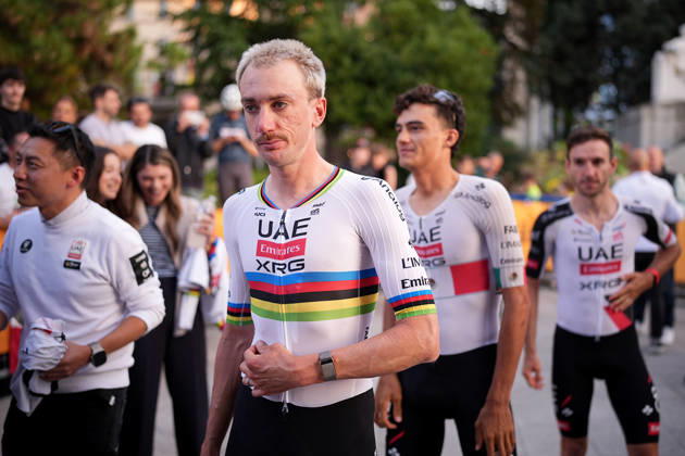 USA s Brandon McNulty of UAE Team Emirates XRG during the team presentation on the eve of the 120th edition of Il Lombardia cycling race, in Bergamo on October 9, 2026, prior to the 239 km one-day race from Bergamo to Como, Italy.  Copyright: xMarcoxAlpozzi LaPressex