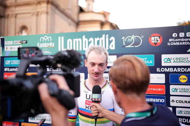 USA s Brandon McNulty of UAE Team Emirates XRG during the team presentation on the eve of the 120th edition of Il Lombardia cycling race, in Bergamo on October 9, 2026, prior to the 239 km one-day race from Bergamo to Como, Italy.  Copyright: xMarcoxAlpozzi LaPressex