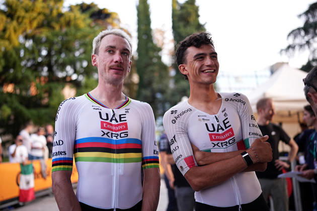 USA s Brandon McNulty of UAE Team Emirates XRG and Mexico s Isaac Del Toro Romero of UAE Team Emirates XRG during the team presentation on the eve of the 120th edition of Il Lombardia cycling race, in Bergamo on October 9, 2026, prior to the 239 km one-day race from Bergamo to Como, Italy.  Copyright: xMarcoxAlpozzi LaPressex