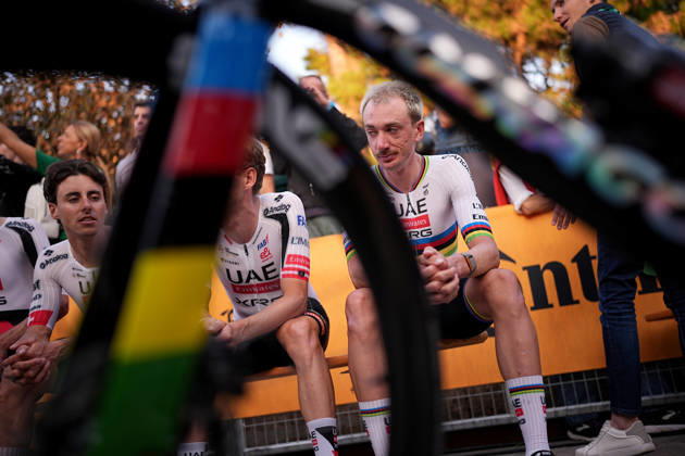 USA s Brandon McNulty of UAE Team Emirates XRG during the team presentation on the eve of the 120th edition of Il Lombardia cycling race, in Bergamo on October 9, 2026, prior to the 239 km one-day race from Bergamo to Como, Italy.  Copyright: xMarcoxAlpozzi LaPressex