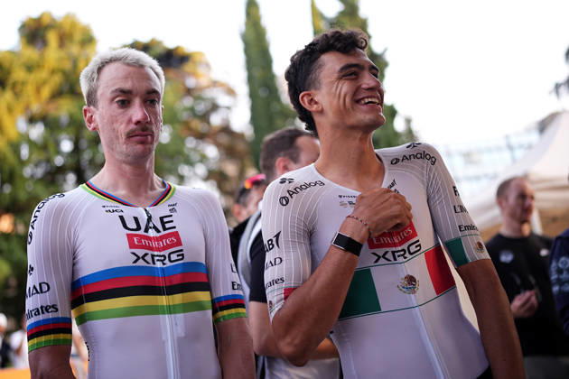 USA s Brandon McNulty of UAE Team Emirates XRG and Mexico s Isaac Del Toro Romero of UAE Team Emirates XRG during the team presentation on the eve of the 120th edition of Il Lombardia cycling race, in Bergamo on October 9, 2026, prior to the 239 km one-day race from Bergamo to Como, Italy.  Copyright: xMarcoxAlpozzi LaPressex