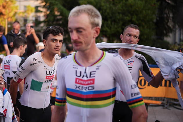 Mexico s Isaac Del Toro Romero of UAE Team Emirates XRG during the team presentation on the eve of the 120th edition of Il Lombardia cycling race, in Bergamo on October 9, 2026, prior to the 239 km one-day race from Bergamo to Como, Italy.  Copyright: xMarcoxAlpozzi LaPressex