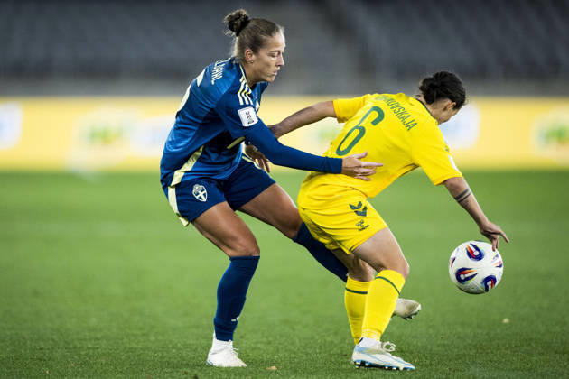 October 9, 2026: Filippa Angeldahl of Sweden and Tereza Romanovskaja of Lithuania during the FIFA Women’s World Cup qualifying playoff soccer match between Lithuania and Sweden on October 9, 2026 in Kaunas. Photo by Mathias Bergeld. BILDBYRAN code MB MB1418 soccer football fotball World Cup qualifiers FIFA Women’s World Cup qualifier playoff Lithuania Sweden women’s BBENG play-off  Copyright: MATHIASxBERGELD BB261009MB098