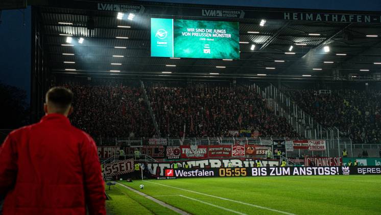 October 9, 2026, 3rd Division, Matchday 8, SC Preußen Münster vs. Rot-Weiss Essen at the LVM Preußenstadion Rot-Weiss Essen Fans IMPORTANT NOTICE: In accordance with DFB and DFL regulations, it is prohibited to use or allow the use of photographs taken in the stadium and or during the game in the form of sequential images and or video-like photo series Copyright: xJordyxFourgonx