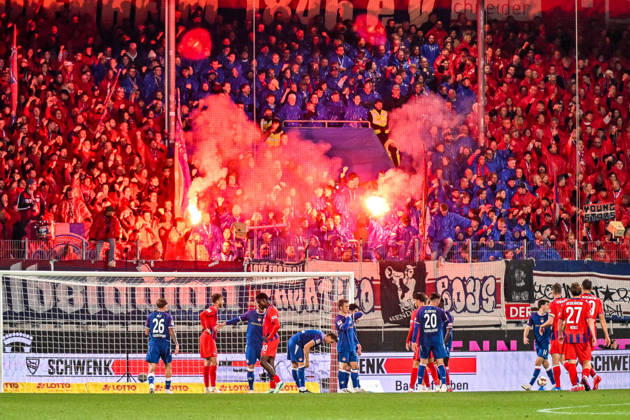 October 9, 2026, Germany, Soccer, Men s, 2. Bundesliga, Matchday 7, 1. FC Heidenheim vs. 1. FC Kaiserslautern; Pyrotechnics in the Heidenheim fan section, Ultras, fan curve, East Curve, Heidenheim Voith Arena, Baden-Württemberg, Germany Copyright: xNordphotox xHafnerx