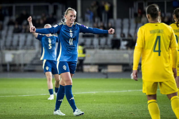 October 9, 2026: Stina Blackstenius of Sweden celebrates after the 0–4 victory during the FIFA Women’s World Cup qualifying playoff soccer match between Lithuania and Sweden on October 9, 2026 in Kaunas. Photo by Mathias Bergeld, BILDBYRAN. Code: MB MB1418. soccer, football, World Cup qualifier, FIFA Women’s World Cup qualifier, playoff, Lithuania, Sweden, women’s soccer, BBENG, play-off, celebration  Copyright: MATHIASxBERGELD BB261009MB104