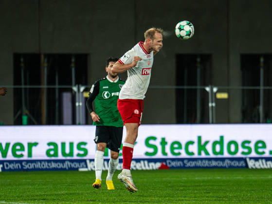 October 9, 2026, 3rd Division, Matchday 8, SC Preußen Münster vs. Rot Weiss Essen at the LVM Preußenstadion; Lucas Brumme (Essen) heads the ball away. IMPORTANT NOTICE: In accordance with DFB and DFL regulations, it is prohibited to use or allow the use of photographs taken in the stadium and or during the game in the form of sequential images and or video-like photo series Copyright: xJordyxFourgonx