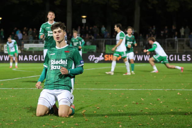 October 9, 2026, Soccer, Men s, Bavarian Regional League, 2026–2027 Season, Matchday 13: FC Schweinfurt 05 vs. SC Eltersdorf; Goal scorer: Lauris Bausenwein (FC Schweinfurt 05), 21, celebrates his goal to make it 1–1 at the Schweinfurt Riedel Bau Arena in the Sachs Stadium, Bavaria, Lower Franconia, Germany