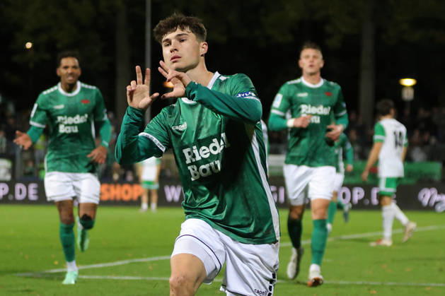 October 9, 2026, Soccer, Men s, Bavarian Regional League, 2026–2027 Season, Matchday 13: FC Schweinfurt 05 vs. SC Eltersdorf; Goal scorer: Lauris Bausenwein (FC Schweinfurt 05), 21, celebrates his goal to make it 1–1 at the Schweinfurt Riedel Bau Arena in the Sachs Stadium, Bavaria, Lower Franconia, Germany