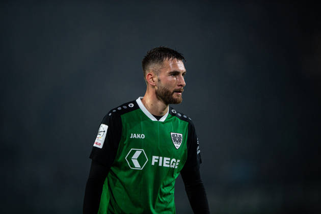 October 9, 2026, 3rd Division, Matchday 8, SC Preußen Münster vs. Rot Weiss Essen at the LVM Preußenstadion, Felix Higl, Close Münster IMPORTANT NOTICE: In accordance with DFB and DFL regulations, it is prohibited to use or allow the use of photographs taken in the stadium and or during the game in the form of sequential images and or video-like photo series Copyright: xJordyxFourgonx