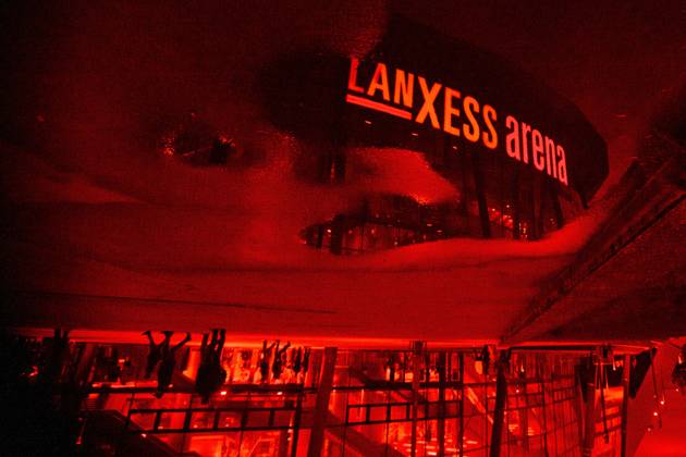 COLOGNE, GERMANY - 9 OCTOBER, 2026: (Editor note: used red filter) view sign Lanxes Arena - The PENNY DEL Ice hockey, Eishockey match Koelner Haie vs. Schwenninger Wild Wings at LANXESS arena. Copyright: xVitaliixKliuievx