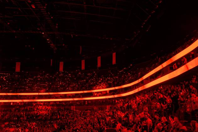 COLOGNE, GERMANY - 9 OCTOBER, 2026: (Editor note: used red filter) General view stands of Lanxes Arena - The PENNY DEL Ice hockey, Eishockey match Koelner Haie vs. Schwenninger Wild Wings at LANXESS arena. Copyright: xVitaliixKliuievx
