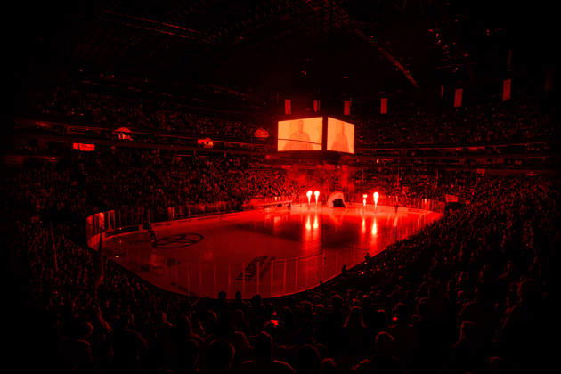 COLOGNE, GERMANY - 9 OCTOBER, 2026: (Editor note: used red filter) General view pre show - The PENNY DEL Ice hockey, Eishockey match Koelner Haie vs. Schwenninger Wild Wings at LANXESS arena. Copyright: xVitaliixKliuievx