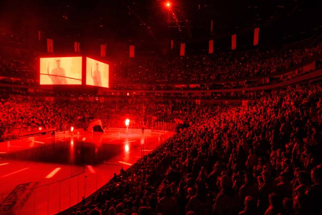 COLOGNE, GERMANY - 9 OCTOBER, 2026: (Editor note: used red filter) General view pre show - The PENNY DEL Ice hockey, Eishockey match Koelner Haie vs. Schwenninger Wild Wings at LANXESS arena. Copyright: xVitaliixKliuievx