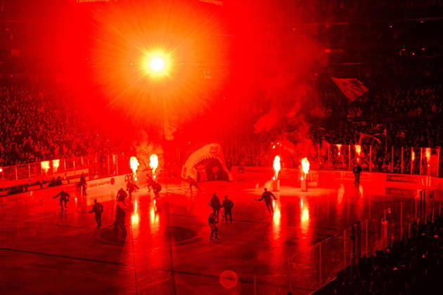 COLOGNE, GERMANY - 9 OCTOBER, 2026: (Editor note: used red filter) General view pre show - The PENNY DEL Ice hockey, Eishockey match Koelner Haie vs. Schwenninger Wild Wings at LANXESS arena. Copyright: xVitaliixKliuievx