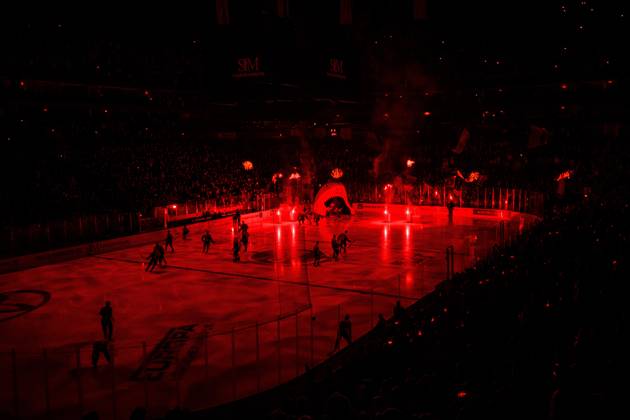 COLOGNE, GERMANY - 9 OCTOBER, 2026: (Editor note: used red filter) General view pre show - The PENNY DEL Ice hockey, Eishockey match Koelner Haie vs. Schwenninger Wild Wings at LANXESS arena. Copyright: xVitaliixKliuievx