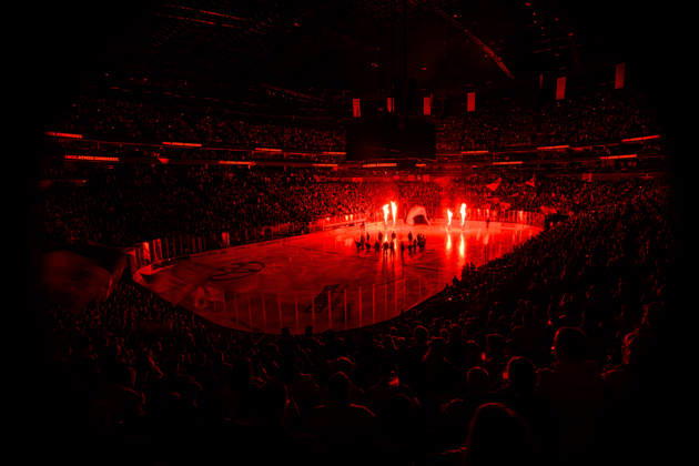 COLOGNE, GERMANY - 9 OCTOBER, 2026: (Editor note: used red filter) General view pre show - The PENNY DEL Ice hockey, Eishockey match Koelner Haie vs. Schwenninger Wild Wings at LANXESS arena. Copyright: xVitaliixKliuievx