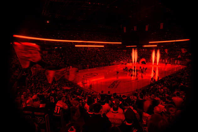 COLOGNE, GERMANY - 9 OCTOBER, 2026: (Editor note: used red filter) General view pre show - The PENNY DEL Ice hockey, Eishockey match Koelner Haie vs. Schwenninger Wild Wings at LANXESS arena. Copyright: xVitaliixKliuievx