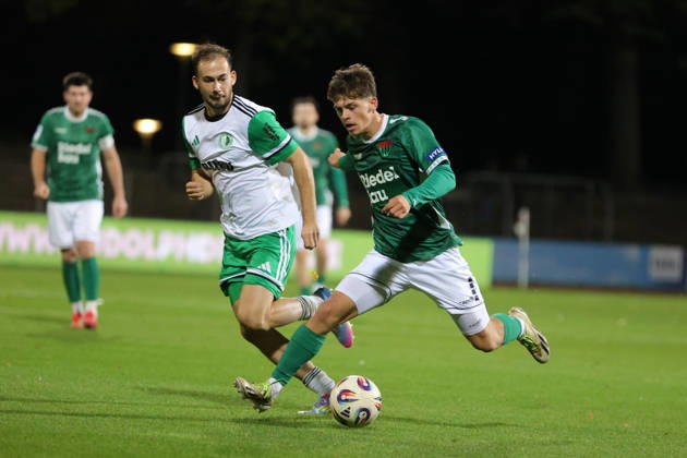 October 9, 2026, Soccer, Men s, Bavarian Regional League, 2026–2027 Season, Matchday 13: FC Schweinfurt 05 vs. SC Eltersdorf. From left: Manfred Strobel (SC Eltersdorf, No. 7) against Valentin Schmitt (FC Schweinfurt 05, No. 11). Schweinfurt, Riedel Bau Arena at Sachs Stadio, Bavaria, Lower Franconia, Germany